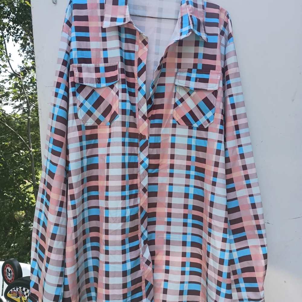 Plaid Button-Up Shirt in Pink, Blue, and Brown